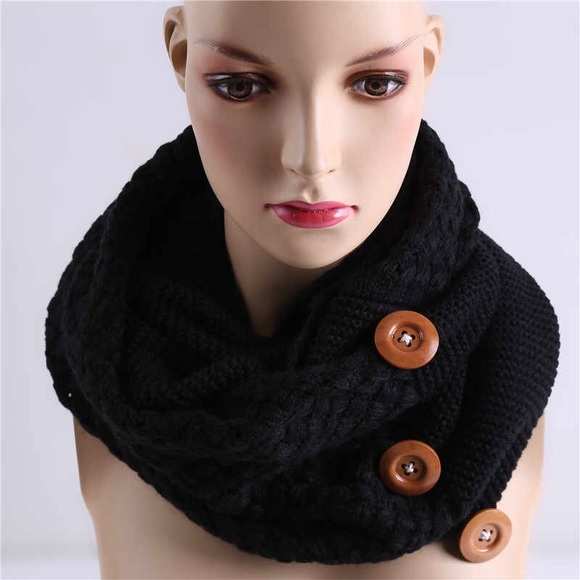 Accessories - Button Black Knitted Infinity Circle Loop Scarf